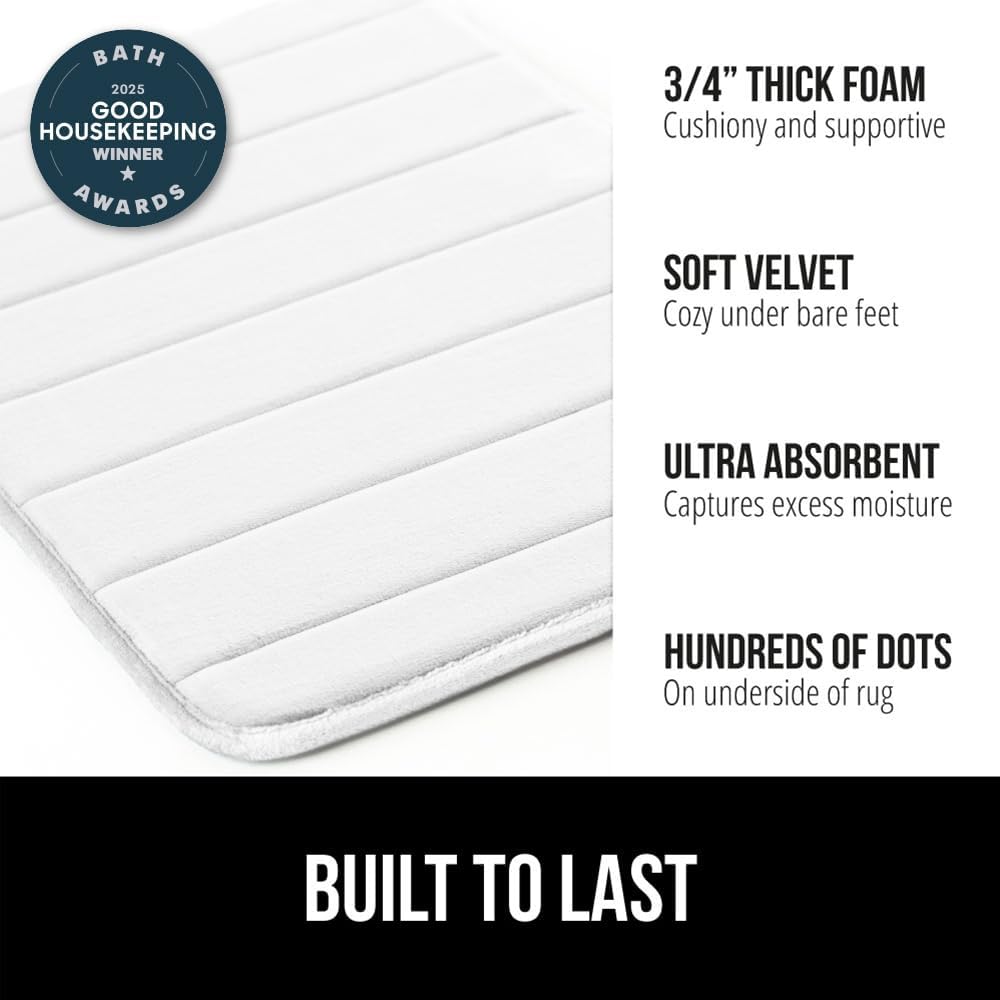 GORILLA GRIP Memory Foam Bath Mat, Soft Absorbent US Designed Bathroom Rug, Gripping Dots Machine Washable Bathmat, Cushioned Floor Mats, Shower Sink Rugs Room Décor Accessories, 60x24 White