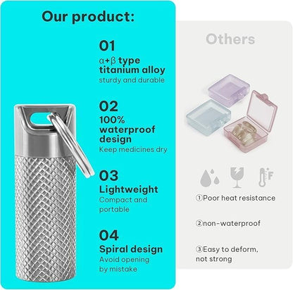 Mini Titanium Pill Box Keychain & Necklace - 100% Waterproof and Airtight, Travel Pill Holder for Essentials, Ultra Lightweight & Compact Medicine Container with O-Ring Seal (2PC)