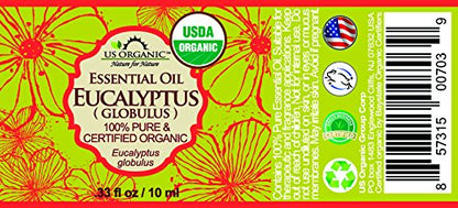 US Organic 100% Pure Eucalyptus Essential Oil (Globulus) - USDA Certified Organic, Steam Distilled - W/Euro droppers (More Size Variations Available) (10 ml / .33 fl oz)