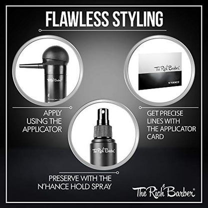 The Rich Barber N’Hance Hair Building Fibers, 3 Month Supply - Barber Hair Thickening Fibers, 25 grams - Grey Hair Concealer Spray - Sharper Hairlines, Thicker Beard & Fuller Hairstyling (Black)