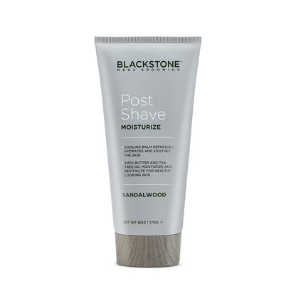 Blackstone Men's Grooming Post Shave Moisturizer with Tea Tree Oil, Shea Butter, Vitamin E, & Aloe | Soothing Cooling Balm | Cruelty & Paraben Free | Made in USA | Sandalwood (6 oz)
