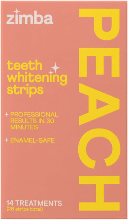 Zimba Teeth Whitening Strips Vegan Whitening Strip Enamel Safe Teeth Whitening Hydrogen Peroxide Teeth Whitener for Coffee, Wine, and Other Stains, 28 Strips (14 Day Treatment), Peach