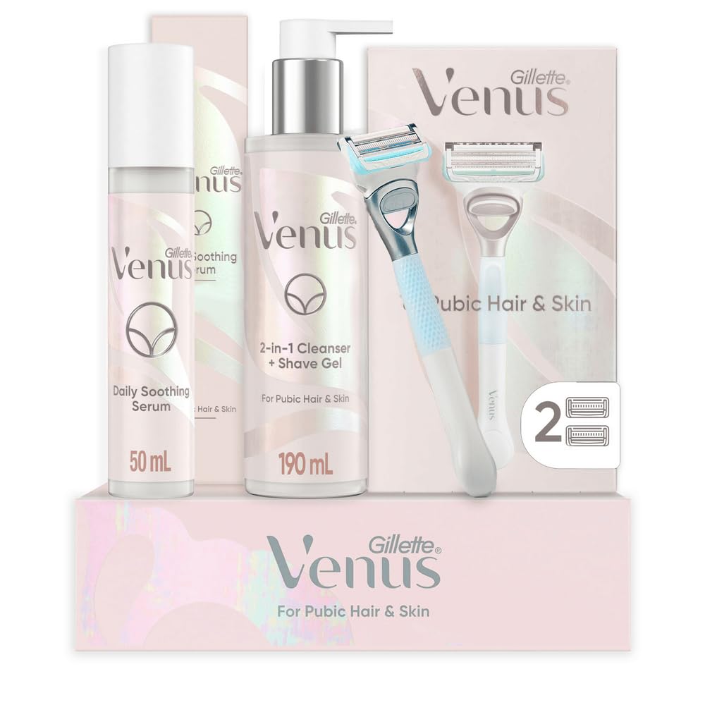 Gillette Venus for Pubic Hair and Skin, 1 Razor Handle + 2 Blade Refills, 2-in-1 Cleanser + Shave Gel and Daily Soothing Serum