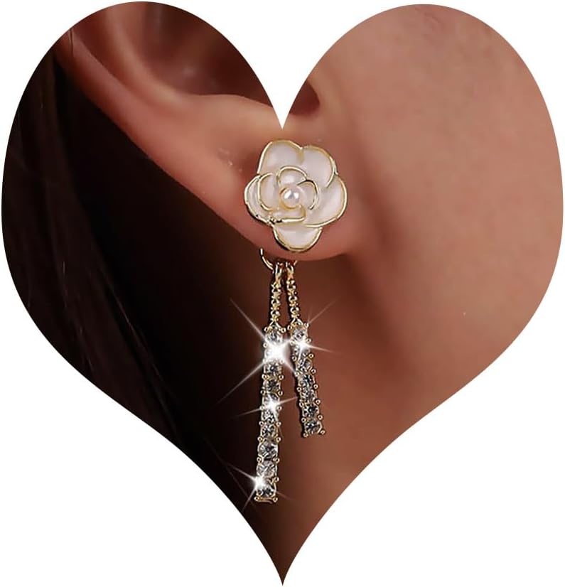 Vintage Crystal Flower Drop Earrings Pearl Camellia Earrings White Camellia Stud Earring Gold Linear Rhinestone Earring Jewelry for Women