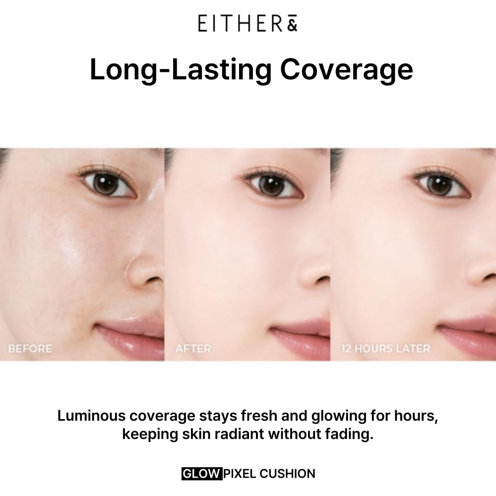 EITHER& Glow Pixel Cushion Foundation, Glowy Skincare, Korean Makeup, Natural Coverage, Moisturizing, Lightweight, Long Lasting Coverage for Flawless Skin (21P Rosy)
