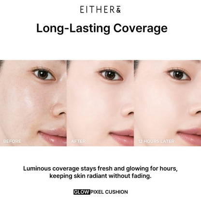 EITHER& Glow Pixel Cushion Foundation, Glowy Skincare, Korean Makeup, Natural Coverage, Moisturizing, Lightweight, Long Lasting Coverage for Flawless Skin (30N Walnut)