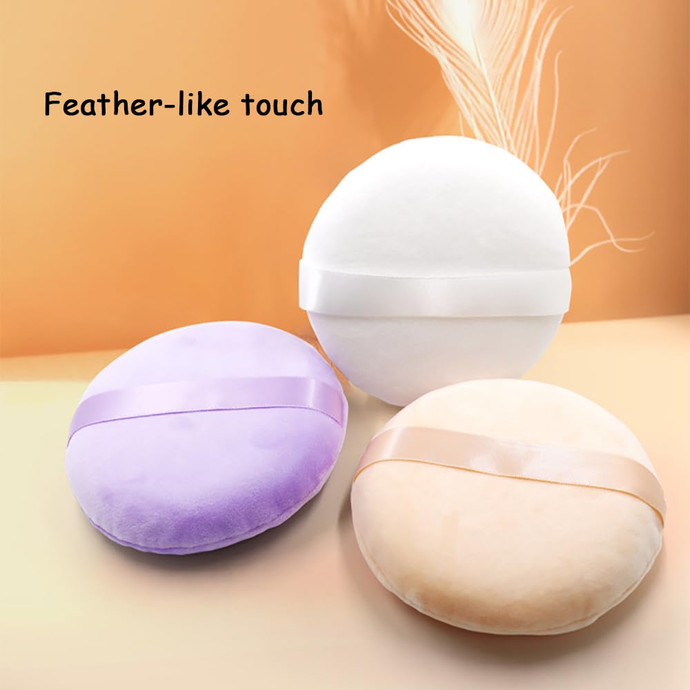 2 Pack Extra Large 5.2" Beige & Purple Powder Puffs and 5.3" Glass Container – Oversized Soft Body & Face Large Powder Puff Dusting Powder Jar Holder Case(Pink Glass)