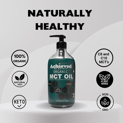 Achieved By Nature Organic MCT Oil, 32 oz, Pure MCTs from Coconuts, C8 and C10 MCTs, Keto Diet Friendly, Use in Coffee, Smoothies, High Bioavailability, Cold Pressed