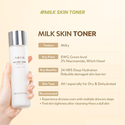 TIRTIR Milk Skin Rice Toner Light | Instant Hydration with 4% Niacinamide, Pantenol, Lightweight, Pore-Tightening, Vegan, Acne-Prone, Oily Skin, Fungal Acne Safe, Korean Skin Care, 0.67 Fl Oz