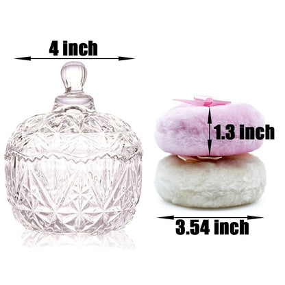 Luxury 4 Inch Glass Loose Powder Container with 2 Soft 3.5" Puffs｜Non-Sealed Refillable Organizer Storage for Body Powder Makeup & Jewelry & Setting Applicator(Crown-Clear)