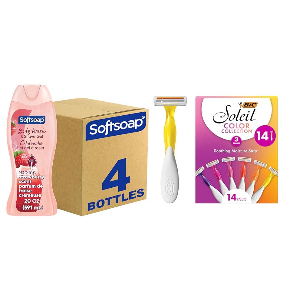 Softsoap Body Wash & Gel Strawberry, 20oz, pack of 4 + BIC Soleil Smooth Colors Women's Disposable Razors With Vitamin E Lubricating Strip for Enhanced Glide, Great Stocking Stuffer, 14-Count Gift Set