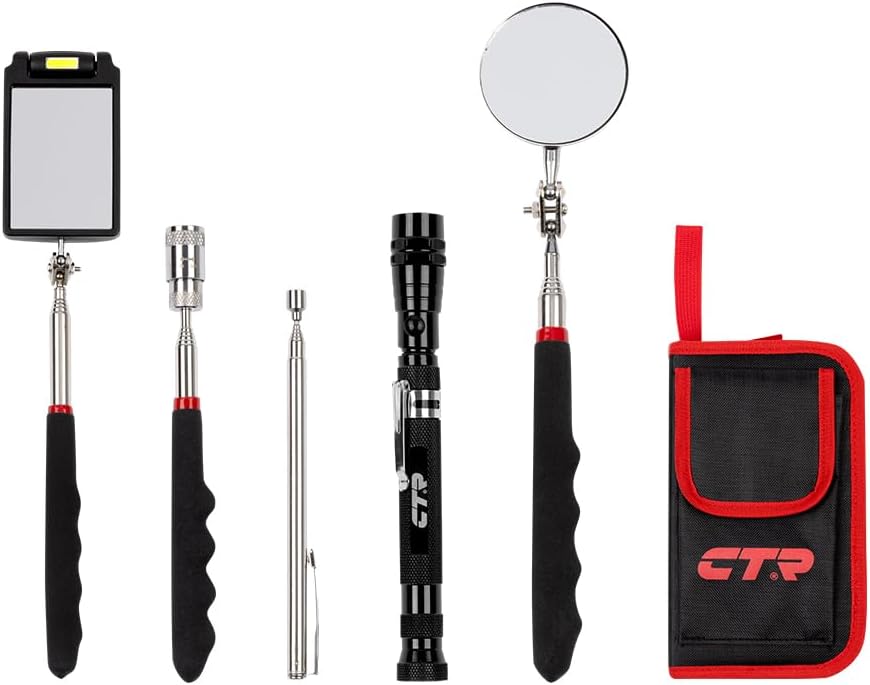 CTR 5PCS Telescoping Magnetic Pickup Tool Kit with Super Bright COB LED Square Inspection Mirror, Flexible Magnet Flashlight, Adjustable Inspection Tool with Long Handle - Best Gadgets Gifts for Men