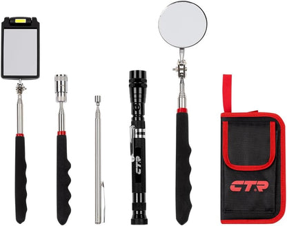 CTR 5PCS Telescoping Magnetic Pickup Tool Kit with Super Bright COB LED Square Inspection Mirror, Flexible Magnet Flashlight, Adjustable Inspection Tool with Long Handle - Best Gadgets Gifts for Men