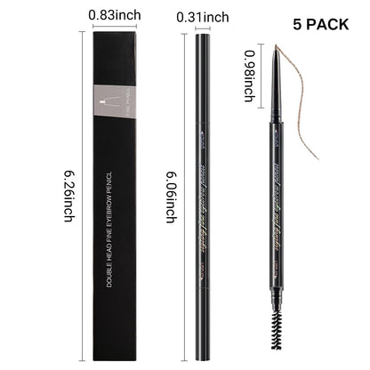 5 Pcs Waterproof Dual-Sided Fine Tip Eye Brow Precise Pencils Pack,Ultra-Fine Mechanical Sticks,Draws Tiny Brow Hairs, Defines, Fills, Shapes,Contours,Combs,1mm Pen Point(Pack of 5)-Light Brown