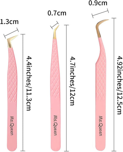 Ms.Queen Eyelash Tweezers for Extensions,Professional 3Pcs Fiber Tip L-Shaped Boot Volume Curved Lash Tweezers Set