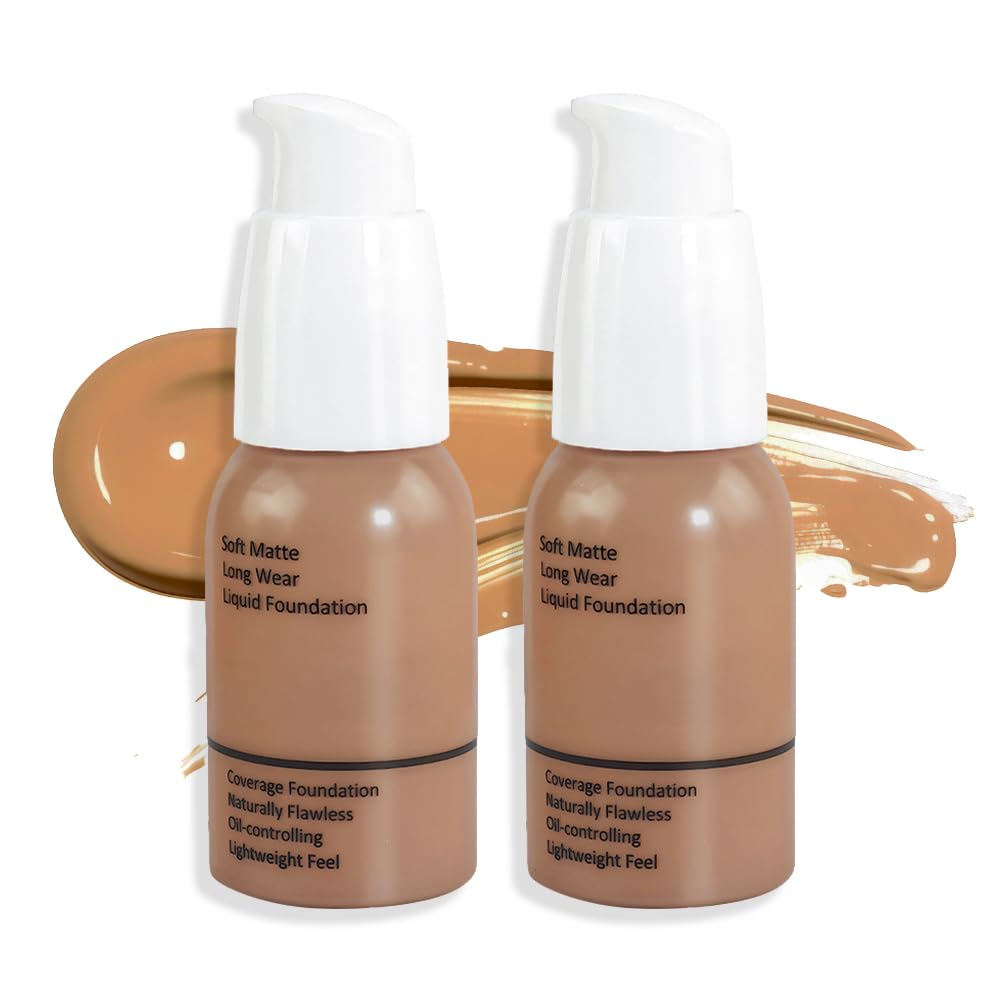2Pcs Matte Liquid Full Coverage Foundation, Flawless Soft Matte 24HR Oil Control Full Coverage Foundation Makeup for Women, Long-Lasting Waterproof Full Coverage, 05#Tan (05+05, Pack of 2)