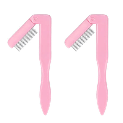 G2PLUS 2PCS Folding Eyelash Comb, Eyelash Separator Tool, Pink Eyebrow Comb Metal Teeth, Eyelash Brush Tool for Lash & Brow