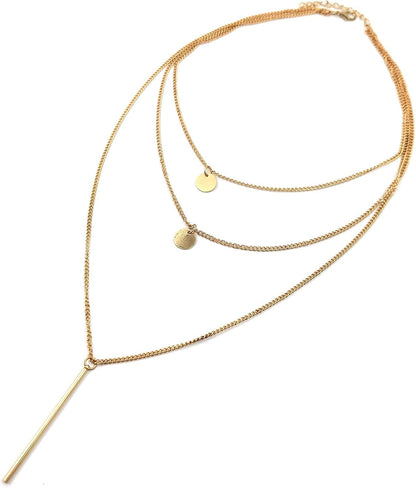Boho Layered Coin Bar Necklace Gold Disc Pendant Necklace Chain Multi Layer Vintage Necklace Jewelry for Women and Teen Girls