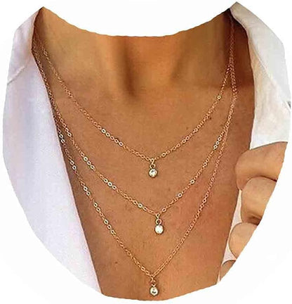 Boho Layered Crystal Necklace Gold Rhinestone Pendant Chain Necklace Vintage Multi Strand Necklace Chain Jewelry for Women