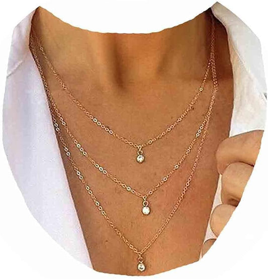 Boho Layered Crystal Necklace Gold Rhinestone Pendant Chain Necklace Vintage Multi Strand Necklace Chain Jewelry for Women