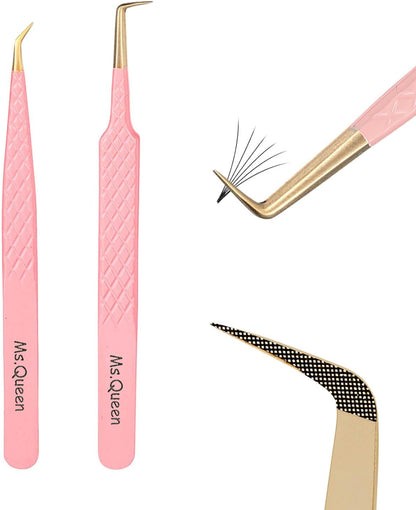 Ms.Queen Eyelash Extension Tweezers,2Pcs Fiber Tip 90 Degree Volume Tweezers and Isolation Lash Tweezers Set