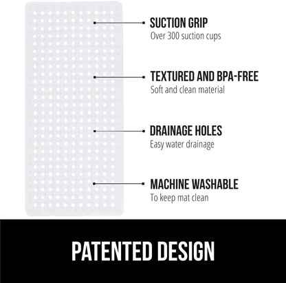 GORILLA GRIP Patented Bath Tub Shower Mat, Machine Washable Bathtub Floor Liner Mats, Suction Cups and Drain Holes to Keep Tubs Clean, Soft on Feet, Bathroom Essentials, 35x16 Inch, White