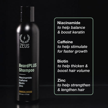 ZEUS BeardPLUS Shampoo for Men, Enhanced Beard Growth & Hair Care Treatment with Biotin & Caffeine to Boost Thickness, Strength, Hydration, and Skin Comfort (Made in USA) 6 oz.