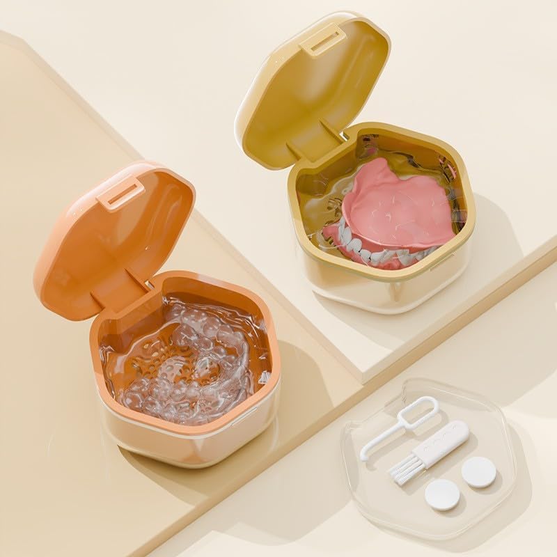 Double-layer Invisible Braces Orthodontic Retainer Storage Box,Retainer Case,Mouth Guard Case,Portable Denture Storage Washable Box with Hook,BPA-Free Teeth Whitening Storage Box (orange)