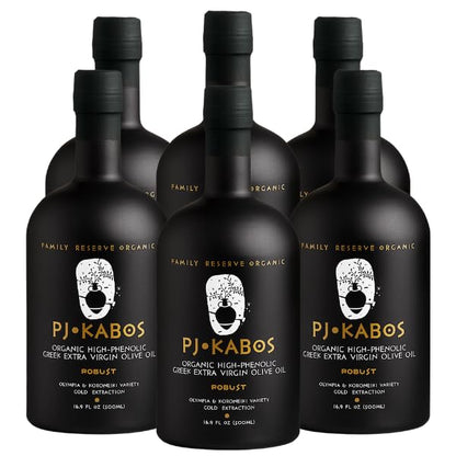P.J. KABOS 2024/25 Harvest, Very High Phenolic (750+mg/kg), USDA Organic Greek Extra Virgin Olive Oil, Kosher, Greece, Cold Extracted, 16.9 oz Bottle, "Family Reserve Organic - Robust" (6-Pack)