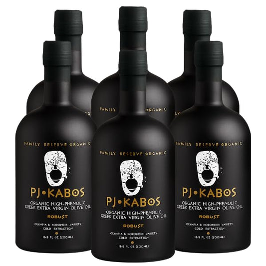 P.J. KABOS 2024/25 Harvest, Very High Phenolic (750+mg/kg), USDA Organic Greek Extra Virgin Olive Oil, Kosher, Greece, Cold Extracted, 16.9 oz Bottle, "Family Reserve Organic - Robust" (6-Pack)