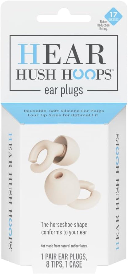 Hush Hoops Ear Plugs, Ultra-Soft Reusable Silicone Plugs with Horseshoe Shape for Comfort, Designed for Sleep and Sound Suppression, 17dB (NRR) Noise Reduction Rating, Cream, 1 Pair with Travel Case