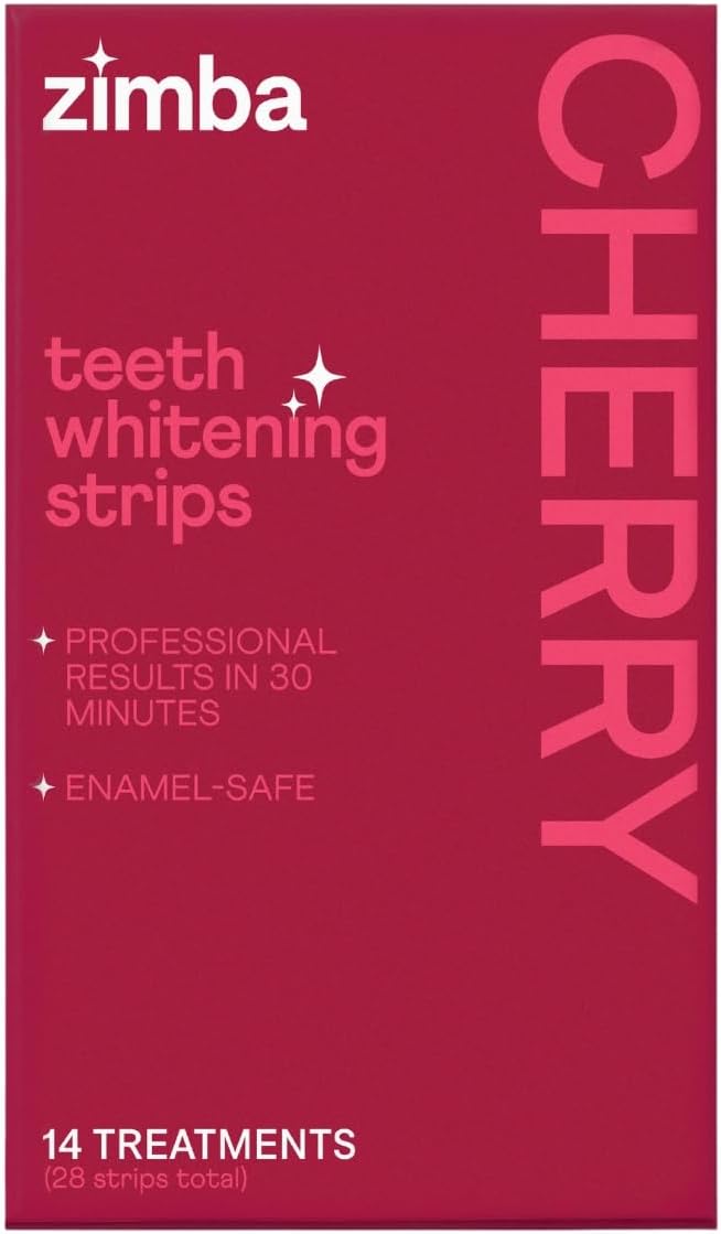 New Zimba Cherry Flavored Teeth Whitening Strips | Vegan, Enamel Safe Hydrogen Peroxide Teeth Whitener for Coffee, Wine, Tobacco, and Other Stains | 14 Day Treatment | Cherry