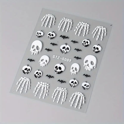 2 Pcs Halloween Nail Art Stickers 5D Embossed Scary Skull Self-Adhesive Nail Decals Halloween Stickers Bat Bones of The Dead Designs Nail Decorations Holiday DIY Acrylic Nail Accessories for Women