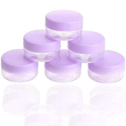 Refillable Cosmetic Sample Jars - 100 Pack 10g (0.35oz) Purple Small Travel Containers with Lids + 10 Mini Makeup Spatulas - BPA Free