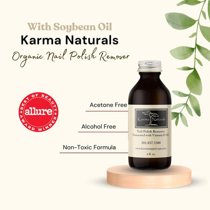 Karma Organic Nail Polish Remover Unscented- Non Toxic, Vegan, Cruelty Free, Acetone Free – Nails Strengthener for Fingernails – 4 fl. Oz