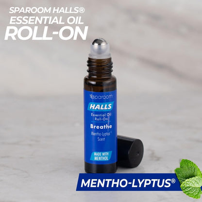 Halls Breathe Essential Oil Roll On Mentho-Lyptus – Refreshing Menthol and Eucalyptus Blend for Focus and Breathing Support, On-The-Go Wellness Aroma, 10mL Non-Greasy Skin Formula