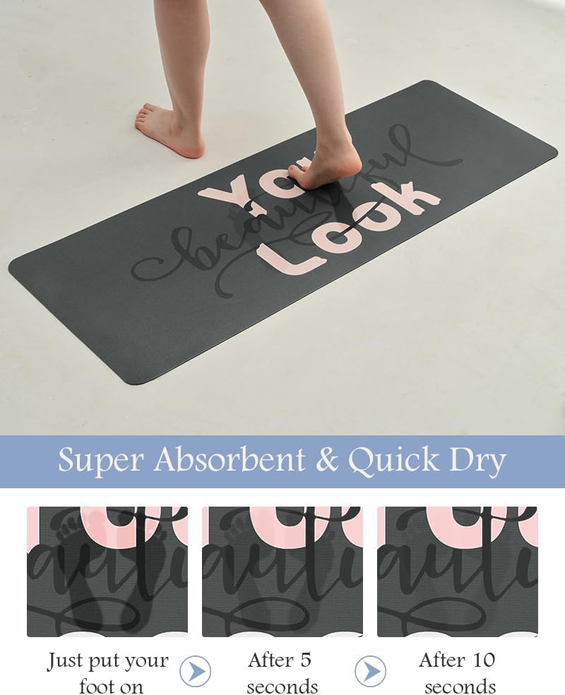 MontVoo-Bath Mat Rug Long Non Slip Super Absorbent Bathroom Runner Stain Resistant Quick Dry Thin Bathroom Mat Fit Under Door-17"x59",Pink