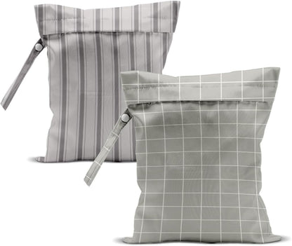 2Pcs Stripe Wet Bag 12x10 Inch, Grid Waterproof Reusable Wet Dry Bags, Rustic Washable Travel Laundry Bags for Swimsuit Pool Beach Diapers Dirty Yoga Gym Clothes, Travel Gifts for Women Friend