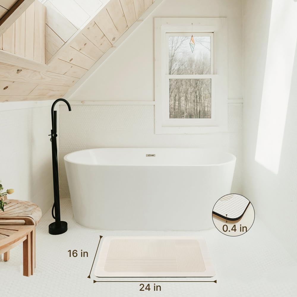 Beige Striped Diatomite Bath Rug – Quick Dry Super Absorbent Diatomite Stone Shower Mat – Ultra Thin Non-Slip Rubber Bath Mats for Bathroom Floor, Stylish & Durable Home Décor, 24" x 17"
