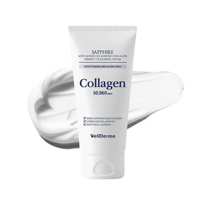 WELLDERMA Sapphire Collagen Cleansing Foam, 150mL – Gentle Facial Cleanser with Hydrolyzed Collagen & Glycerin, Moisturizing Creamy Lather