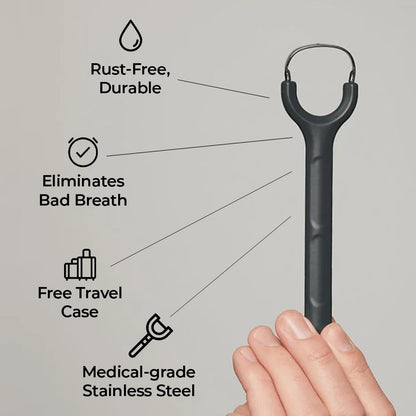 Venneir® Tongue Scraper with Travel Case, Oral Glide Pro–Bad Breath Treatment, Medical-Grade Stainless Steel– for Adults & Kids. 100% Rustproof, Sleek & Effective Design (Midnight Grey)