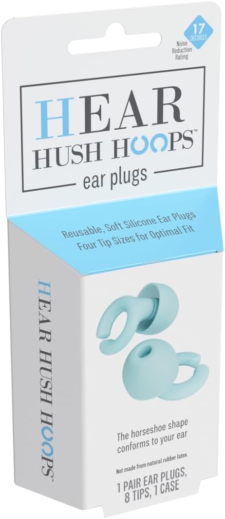 Hush Hoops Ear Plugs, Ultra-Soft Reusable Silicone Plugs with Horseshoe Shape for Comfort, Designed for Sleep and Sound Suppression, 17dB (NRR) Noise Reduction Rating, Teal, 1 Pair with Travel Case