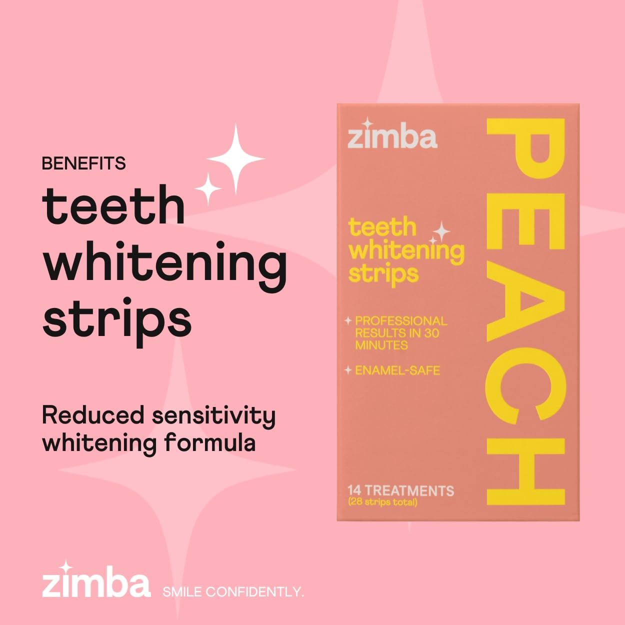 Zimba Teeth Whitening Strips Vegan Whitening Strip Enamel Safe Teeth Whitening Hydrogen Peroxide Teeth Whitener for Coffee, Wine, and Other Stains, 28 Strips (14 Day Treatment), Peach