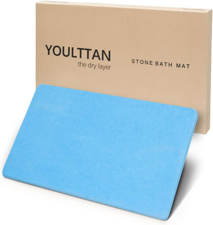 Stone Bath Mat 24"x16" - Diatomaceous Earth Shower Mat, Quick Dry, Anti-Slip, Modern Design with Bonus Non-Slip Pad - Perfect for Home Safety and Style, (Blue)