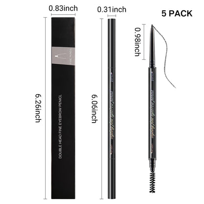 5 Pcs Waterproof Dual-Sided Fine Tip Eye Brow Pencils Pack,Ultra-Fine Mechanical Precise Pencil,Draws Tiny Brow Hairs, Defines, Fills Eyebrows, Shapes, Contours, Combs,1mm Pen Point(Pack of 5)-Gray