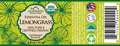 US Organic 100% Pure Lemongrass Essential Oil, USDA Certified Organic, Extracted by Steam Distillation Method, for Hair, Nail Polish Remover, Bees Attraction, and More. 15 ml