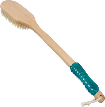 OWIIZI Back Scrubber for Shower,Stiff Boar Bristles Wooden Curved Long Handle Antiskid Body Bath Brush for Back Use Wet or Dry,Deep Cleanse Large Surface Back Scrub Brush