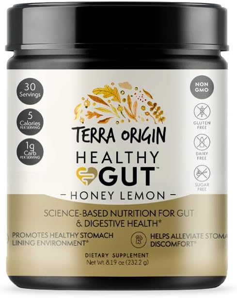 TERRA ORIGIN Healthy Gut Powder (Honey Lemon) | 30-Servings with L-Glutamine, Zinc, Glucosamine, Slippery Elm Bark and More!