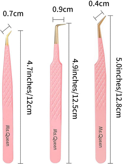 Ms.Queen Tweezers for Lash Extensions,Diamond Grip 3Pcs Fiber Tip 45 90 Degree Volume Eyelash Tweezers Set