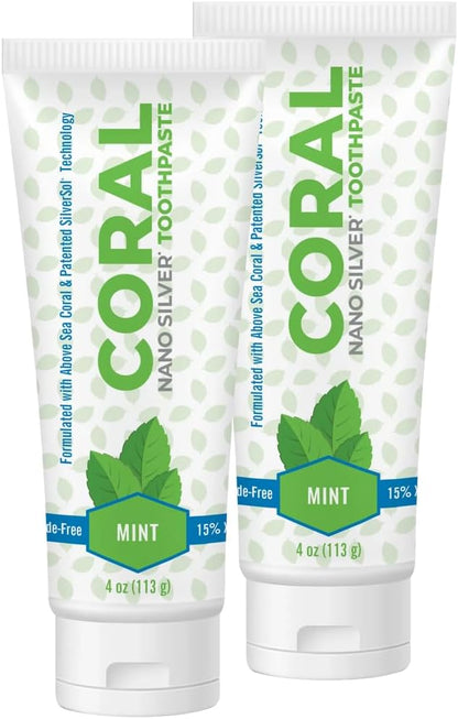 Coral White Nano Silver Mint Toothpaste, Natural Fluoride Free Teeth Whitening Toothpaste, Coral Calcium Nano Silver Infused SLS, Glycierin Free 4 Ounce (2 Pack)